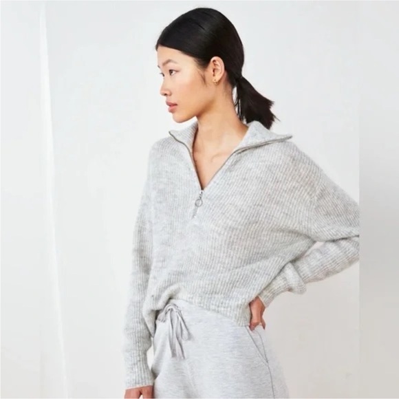 Quince Light Gray Alpaca Wool Quarter Zip Ribbed Sweater 3/4 Sleeves Size Small - Picture 2 of 8